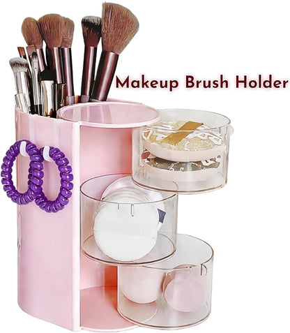 Hair Accessories Organizer with 2 Hooks,3-Layer Rotatable Hair Tie Organizer With Hair Brush Holder,Vanity Organizers For Girls (Pink)
