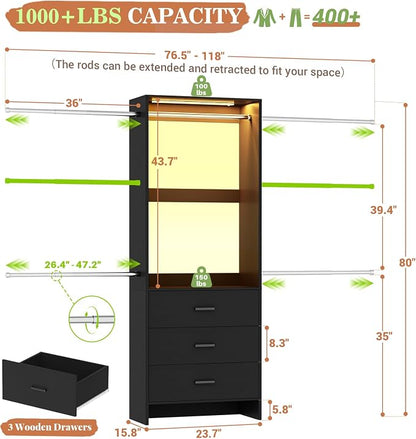 Aheaplus Closet System with Motion-Sensing Light, 3 Wooden Drawers and 4 Hanging Rods, Customizable Walk-in Closet Organizer with 3CCT LED, Heavy Duty Garment Rack for Bedroom,Black
