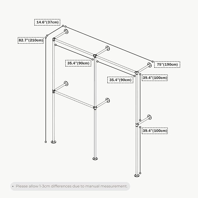 Gold Industrial Pipe Clothing Rack 75" W Wall Mounted, Heavy Duty Iron Garment Rack 150 lbs per Rod, Open Closet Organizer for Bedroom Laundry Room Retail Display