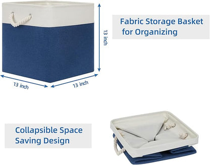 Temary Storage Baskets for Shelves 13x13 Baskets for Gifts Empty, 4 Pack Shelf Baskets Large Storage Baskets Cube Storage Bins Fabric Storage Cubes with Handles for Shelves (White&Blue)