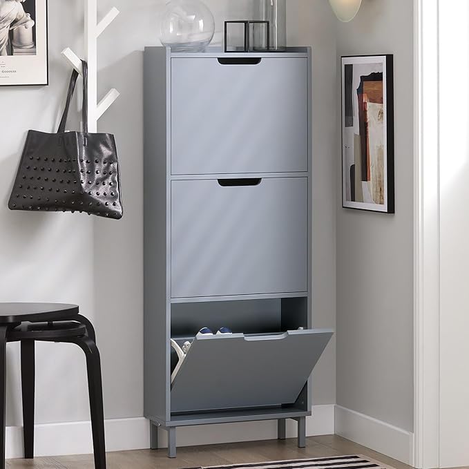 Haotian Slim Shoe Cabinet Entryway, Hidden Shoe Storage with Three Flip Drawers to Save Space, Freestanding Shoe Rack for Front Door, Entryway, Hallway Grey