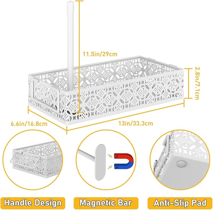 Toilet Tank Topper Paper Basket - White Bathroom Basket Decor Box with Magnetic Paper Towel Holder for Organizing