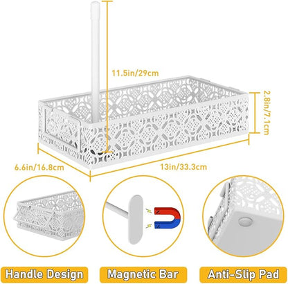 Toilet Tank Topper Paper Basket - White Bathroom Basket Decor Box with Magnetic Paper Towel Holder for Organizing