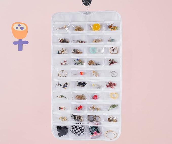 Bloss Hanging Jewelry Organizer With 80 Pockets Double-Side Dating Gifts Jewelry Storage Hanger For Accessories Jewelry Earring Holder Storage for Closet,Wall, Door, Travel-White