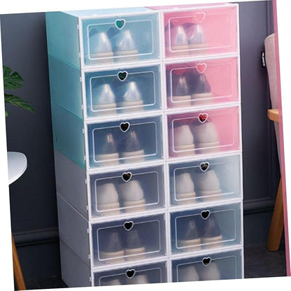 TOYANDONA 6Pcs Plastic Drawer-type Shoes Storage Boxes for Women Transparent Heart Pattern Shoe Organizers with Clamshell Lid Stackable and Reinforced Design Blue