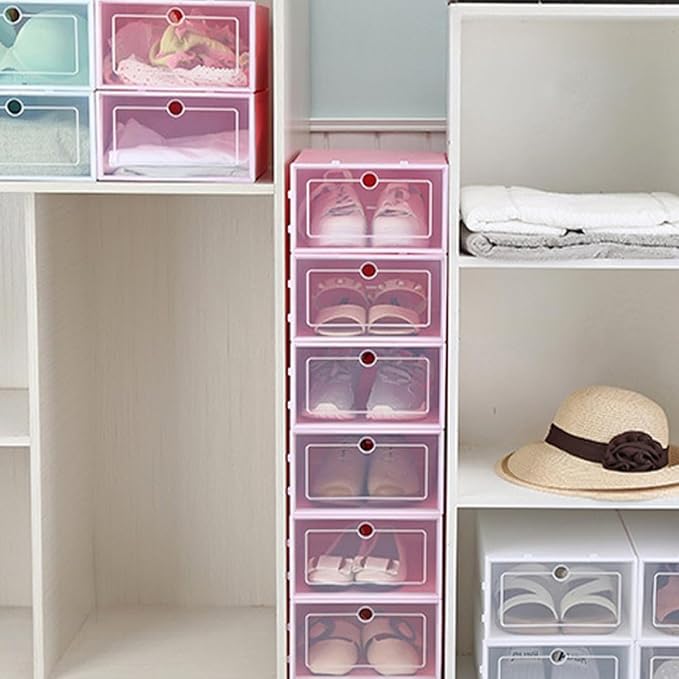6PCS Stackable Transparent Plastic Shoe Boxes with Thickened Design Small S Pink Shoe Storage Containers for Sneakers Closet Organizer