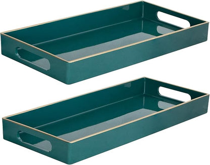MAONAME Green Vanity Tray Set of 2, Plastic Decorative Tray with Handles, Long Narrow Trays, Small Bathroom Trays for Toilet Tank, 13.8" X 6" X 1.57"