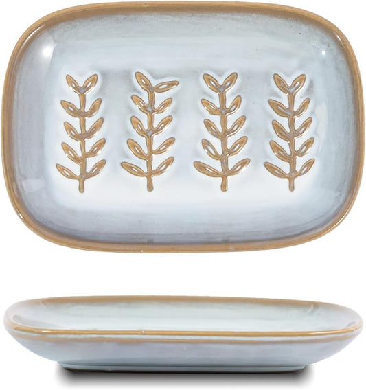 HighHerz Aesthetic Ceramic Soap Dish for Shower, Soap Holder with Raised Relief, Shower Soap Dish for Shampoo Bar Or Sponge, Soap Saver for Bathroom, Kitchen, Sink, Decorative Soap Tray(Grey&White)
