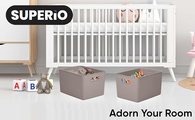 Decorative Plastic Basket Open Home Storage Bins Organizer, X-Large Taupe (6 Pack) Container Boxes for Organizing Closet Storage Bins for Shelves Drawer Shelf - Ribbed Collection 22 Liter/23 Quart
