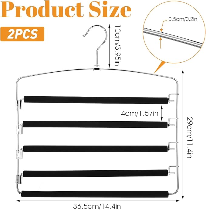 2 Packs Pants Hangers Space Saving, Anti-Slip Space Saving Hangers, 5 Layer Swing Arm Pants Hanger Stainless Steel with Non-Slip Padding, Closet Organizers & Storage for Pant Trousers Jeans