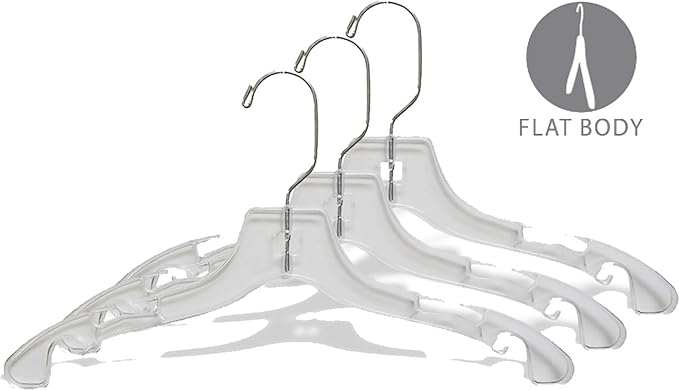 Clear Plastic Junior Top Hanger, (Box of 25) Small 14 inch Space Saving Teen Shirt Hangers with Notches and 360 Degree Chrome Swivel Hook