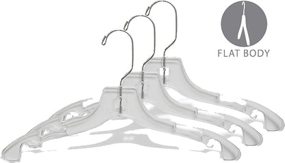 Clear Plastic Junior Top Hanger, (Box of 25) Small 14 inch Space Saving Teen Shirt Hangers with Notches and 360 Degree Chrome Swivel Hook