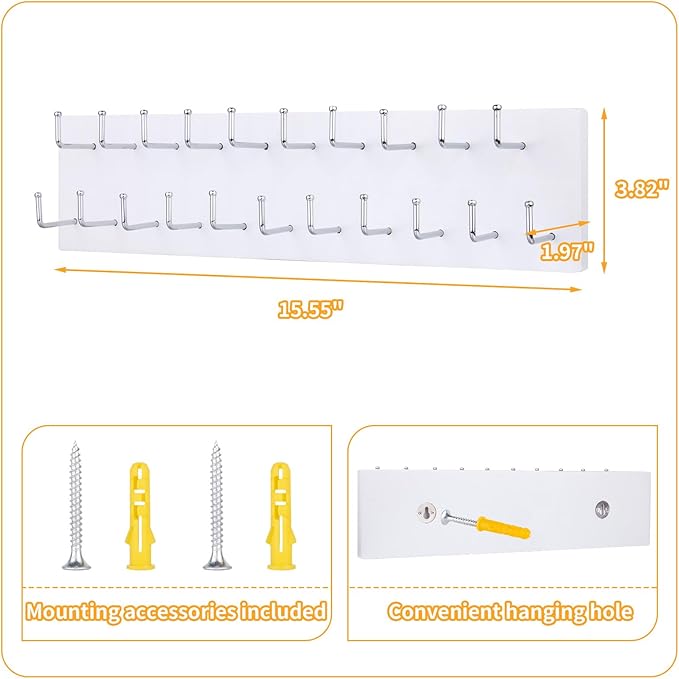 Belt Organizer Holder Wooden Belt Hanger for Closet Wall Mount Belt Storage Rack Tie Bra Scarf Hanger Holds Over 40 Large Belts (White)