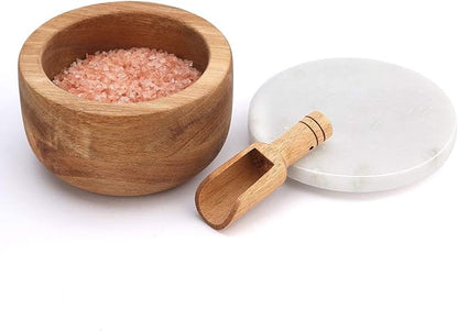Large Acacia Wood Seasonings Condiments Pinch Bowl Spice and Spoon Salt Cellar Box Storage Jar White Marble Lid