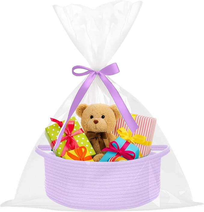 ShellKingdom Storage Basket with Handles, Empty Gift Basket for Christmas with Gift Bags and Ribbon, Small Woven Baskets for Home, Nursery Storage Organizer, 12 X 8 X 5 INCH, Lavender