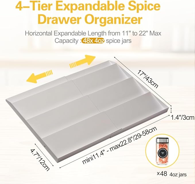 GOENDR Metal Spice Drawer Organizer, 4 Tier Spice Rack for Drawer, Expandable Seasoning Organizer For 11.4-22.8” Wide Drawer, Holds up to 48 Spice Jars (Not Included), White