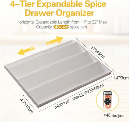 GOENDR Metal Spice Drawer Organizer, 4 Tier Spice Rack for Drawer, Expandable Seasoning Organizer For 11.4-22.8” Wide Drawer, Holds up to 48 Spice Jars (Not Included), White