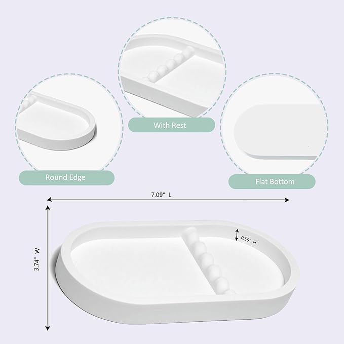 1PC Oval Nail Tray with Rest - Manicure Tool Holder, Jewelry Cosmetic Nail Decorations Organizer, Plaster Storage Tray, White, 7.09" Lx3.74 Wx0.59 H