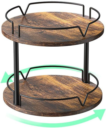 12" Wood Lazy Susan, Rotating Spice Rack, 2 Tier Spice Turntable Organizer, Industrial Turntable Spice Holder, for Kitchen Countertop and Cabinet, Compact and Versatile, Rustic Brown