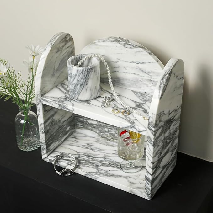 DUANYAN Marble Bathroom Counter Organizers and Storage, 2-Tier Luxurious Makeup Organizer for Perfume Cosmetic Skincare Jewelry, Natural Marble Counter Shelf, No Assembly Required