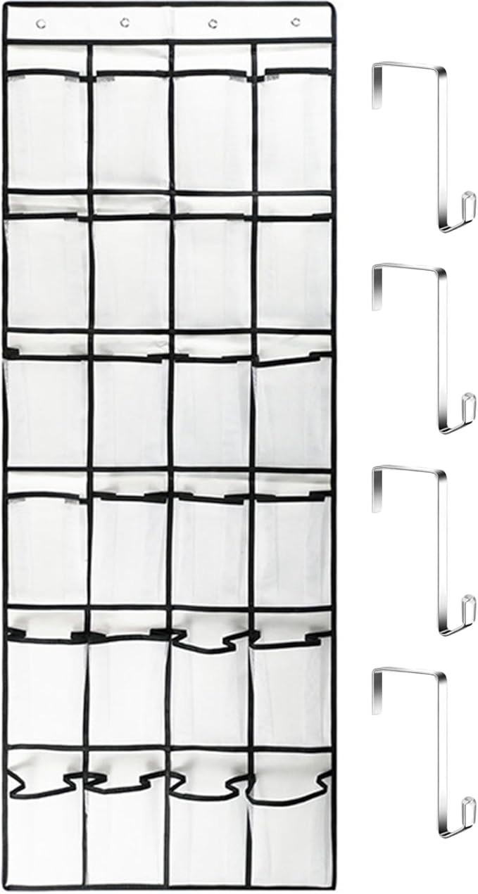 Over the Door Shoe Organizer, 24 Pocket Breathable Mesh Hanging Shoe Organizer, Up to 40 Pounds Non Slip Shoe Holder, Sturdy over the Door Storage Fits for Size 13 Shoes 59x21 Hanging Shoe Organizer