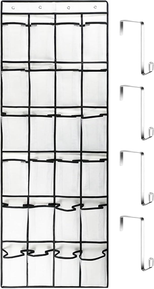 Over the Door Shoe Organizer, 24 Pocket Breathable Mesh Hanging Shoe Organizer, Up to 40 Pounds Non Slip Shoe Holder, Sturdy over the Door Storage Fits for Size 13 Shoes 59x21 Hanging Shoe Organizer