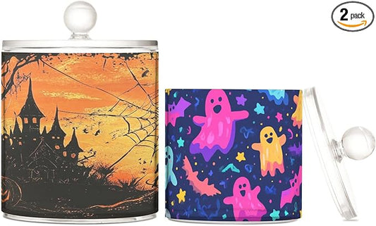 2 Pack Qtip Dispenser Apothecary Jars with Lids Cotton Round Holder Bathroom Canisters for Cotton Swab Floss Ball Pads Clear Plastic Decorative Orange Halloween Castle Ghosts Star