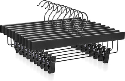 TOPIA HANGER Wooden Pants Hangers 10 Pack, Black Skirt Hangers with Clips and Rotatable Hook, Durable Natural Rubber Wood Organizer for Skirts, Pants, Jeans, Shorts - CTS02B