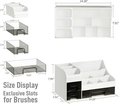 Makeup Organizer with Drawers,Large Cosmetic Storage Box,Countertop Skincare Organizer,ABS Makeup Brush Holder for Bathroom,Desk,Dresser,Multifunctional Beauty Display Case,White transparent