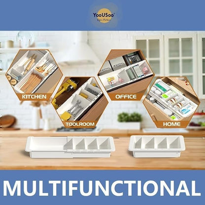 Sliding Drawer Tray with Adjustable Dividers, Expandable Kitchen Storage Organizer, Sliding Drawer Bin, Expandable Drawer Organizer, 2 PCS Drawer Organizer Trays For Utensils, Flatware, Junks