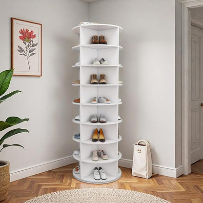 Shoe Organizer 8-Tier Spinning Shoe Rack - 360° Rotating Storage Organizer for 20-32 Pairs, Space Saving Narrow Design for Entryway/Closet Closet Handbag Display Rotate (White-8)