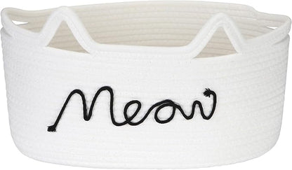 Sea Team Cat Toy Basket with Handles, 16.5 x 11 x 7 Inches, 4.4 Gallons Large Cotton Rope Storage Bin, Box, Shelf Organizer for Pet Chew Toys, Foods, White Meow