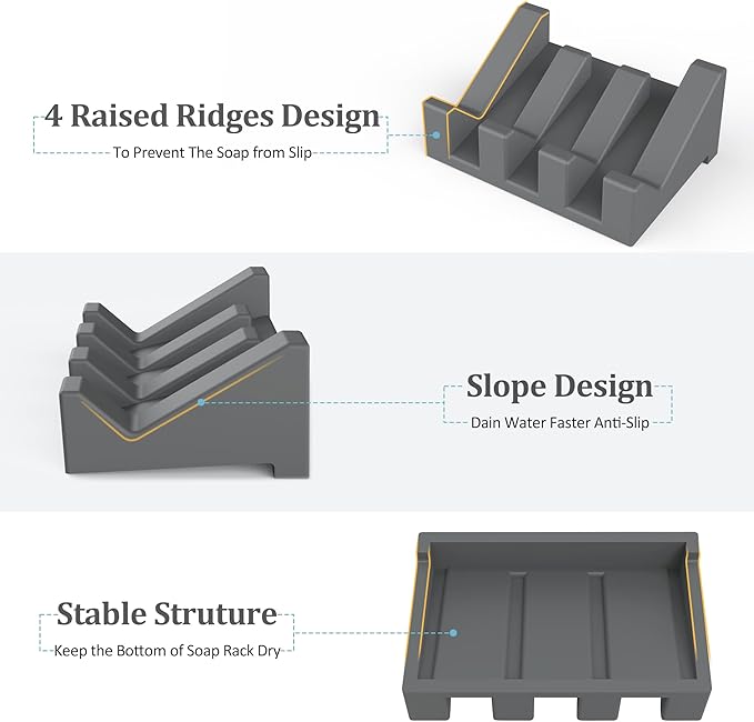 Silicone Soap Holder Self Draining Waterfall Drying Tray,Soap Dish for Shower Wall with Draining Easy to Clean and Store(3PCS), 3.8 x 2.8inch, 3*Dark Gray