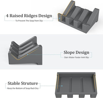 Silicone Soap Holder Self Draining Waterfall Drying Tray,Soap Dish for Shower Wall with Draining Easy to Clean and Store(3PCS), 3.8 x 2.8inch, 3*Dark Gray