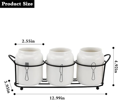4 Piece Silverware Holder for Organizer Countertop White Ceramic Silverware Caddy with Black Metal Rack, Fork Spoon Utensil Holder Flatware Organizers Cutlery Storage for Kitchen Tabletop Cabinet
