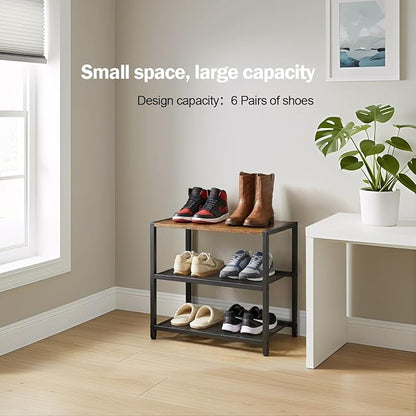 3-Tier Wooden Shoe Rack with Metal Mesh Shelves - for Entryway, Closet, Hallway & Bedroom Holds 6 Pairs, Ideal for Storage or Display