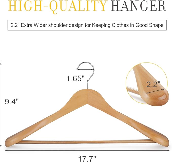 TOPIA HANGER Set of 6 Luxury Natural Wooden Coat Hangers, Premium Wood Suit Hangers, Glossy Finish with Extra-Wide Shoulder, Thicker Chrome Hooks & Anti-Slip Bar CT02N