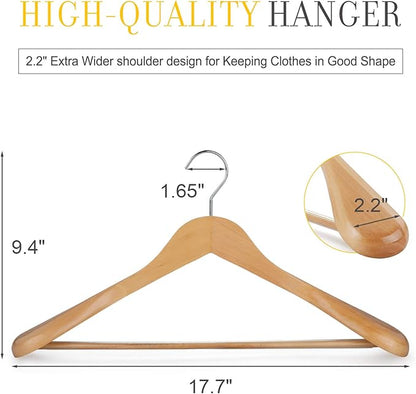 TOPIA HANGER Set of 6 Luxury Natural Wooden Coat Hangers, Premium Wood Suit Hangers, Glossy Finish with Extra-Wide Shoulder, Thicker Chrome Hooks & Anti-Slip Bar CT02N