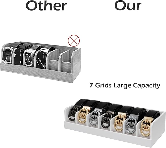 Belt Organizer for Drawer - Bamboo Belt Storage Organizer | Belt Rack for Closet Wall Mount Men Women Tie Sock Bra Scarf Ribbon(White, 7 Grids)