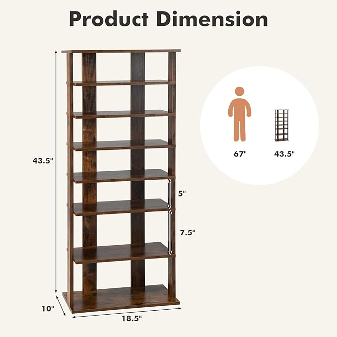 BETTARY 8 Tier Vertical Shoe Rack, Narrow Wooden Corner Shoe Organizer for Small Spaces, Removable Shelves, Anti-toppling Device, Shoe Tower for Entryway, Closet, Bedroom (Rustic Brown, Double Row)