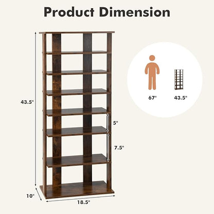 BETTARY 8 Tier Vertical Shoe Rack, Narrow Wooden Corner Shoe Organizer for Small Spaces, Removable Shelves, Anti-toppling Device, Shoe Tower for Entryway, Closet, Bedroom (Rustic Brown, Double Row)