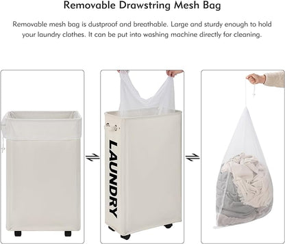 DOKEHOM 29-Inches Enlarged Slim Laundry Basket with Removable Wash Bag on Wheels, Collapsible Rolling Laundry Hamper, Foldable Narrow Corner Clothes Storage Bins (Beige)