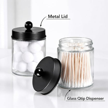 Amolliar Apothecary Jars Bathroom Storage Organizer - Cute Qtip Dispenser Holder Vanity Canister Jar Glass with Lid for Cotton Swabs,Rounds,Bath Salts,Makeup Sponges,Hair Accessories/Black（2 Pack）