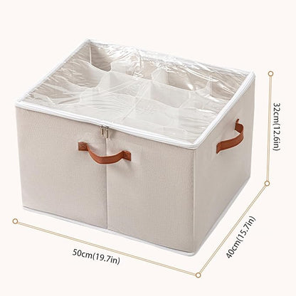 (2 Pack) Shoe Organizer for Closet, Shoe Storage Bins Foldable Shoe Storage Box Containers with Clear Cover and Sturdy Handles,Shoe Rack for Closet Storage for Sneakers Heels Slippers (Beige Medium)