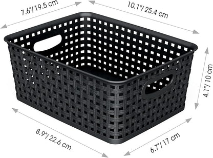 WYT Woven Storage Organizer Basket, 6-Pack Black Plastic Weave Baskets, 10.1 x 7.55 x 4.1