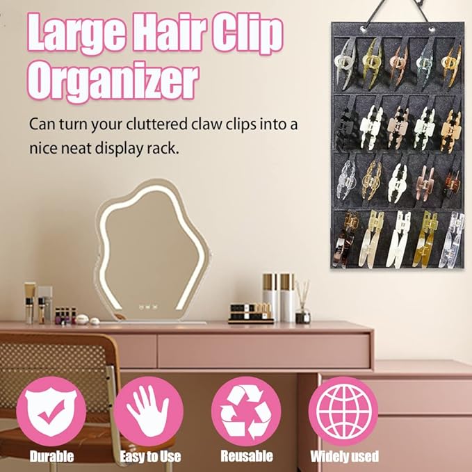 Claw Clip Organizer,Large Hair Clip Organizer,Premium Felt Hanging Claws Clips Storage Hanger for Girls Women Hair Clip,Banana Clip,Bows(NO Accessories) Display Stand for Wall Door Closet (Dark Grey)