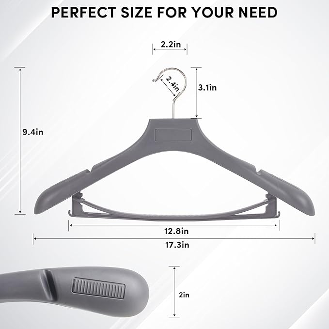 DEDU Suit Hangers for Men 40 Pack, Grey Coat Hangers Extra Wide Non Slip Width 17.7", Thick Plastic with Pants Bar & Metal Hook