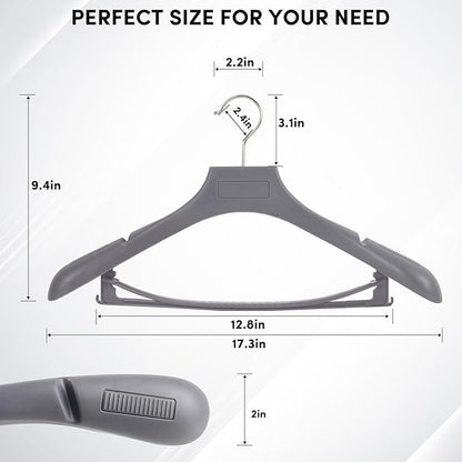 DEDU Suit Hangers for Men 40 Pack, Grey Coat Hangers Extra Wide Non Slip Width 17.7", Thick Plastic with Pants Bar & Metal Hook