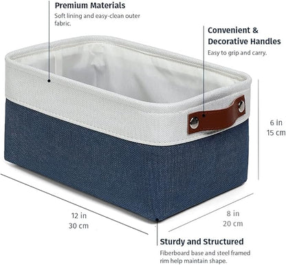 OrganiHaus 12x8in Canvas Storage Baskets 3 Pack | SMALL Fabric Bins for Shelves | Pantry & Bathroom Organizer | Navy Blue/Off-White