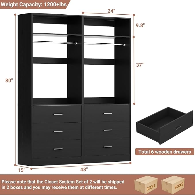 Besiost Closet System Set of 2, 4FT Closet Systems with 6 Wood Drawers, 48" Closet Organizer System with 2 Hanging Rods & 2 Shelves, Heavy Duty 48 Inch Walk-in Closet, Black (48"L x 15" W x 80" H)